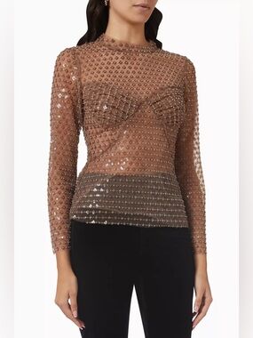 Self-Portrait Taupe Sequin Ruched-Bust Long Sleeve Top - New never been worn